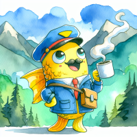 SpongeBob SquarePants dressed as a mailman drinking a cup of coffee in a mountainside scene, watercolors by 5 year old