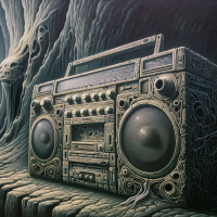 A boombox reflecting the surroundings in a cave, Painting by H.R. Giger, Closeup