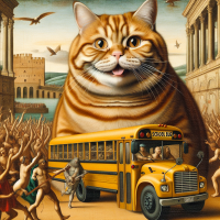 Garfield driving a school bus in a rock concert, Painting by Leonardo Da Vinci