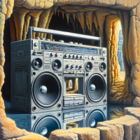 A boombox reflecting the surroundings in a cave, Painting by H.R. Giger, Closeup