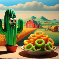 A cactus sitting next to onion rings in a farm, 1960s Cartoon